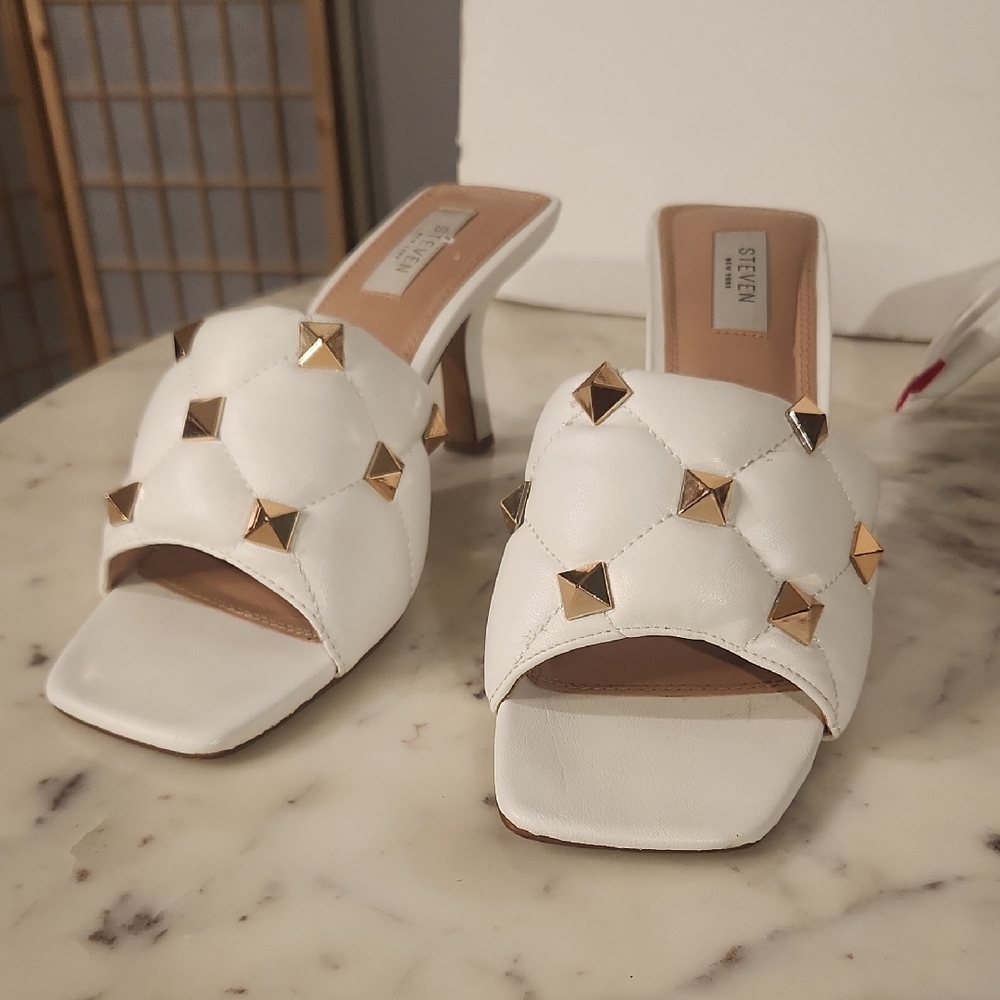 STEVEN by Steve Madden White Quilted Mule Heels with Gold Studs